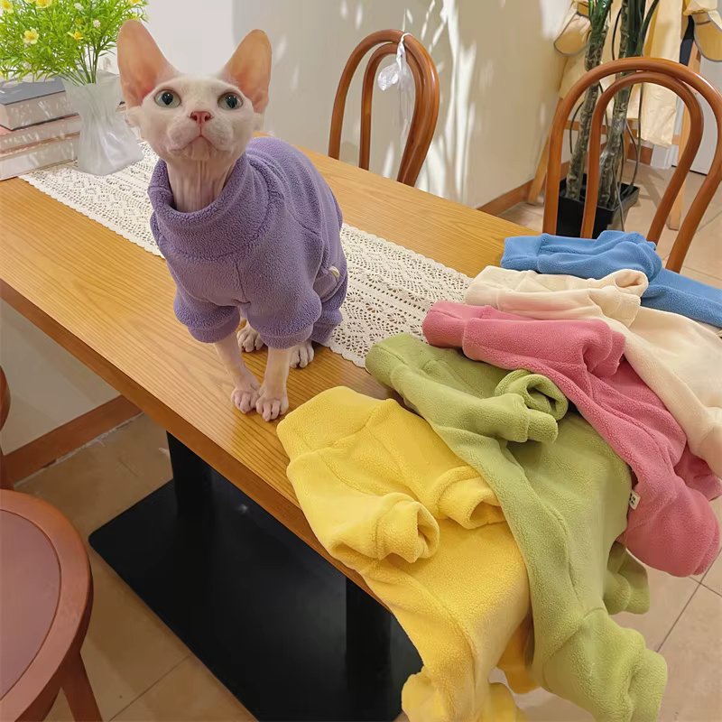 Fleece Coat for Sphynx Cat Warm Sweatshirt 4-legged Jumpsuit for Kittens Dogs soft Loungewear for Male Cat Devon Rex Sweater