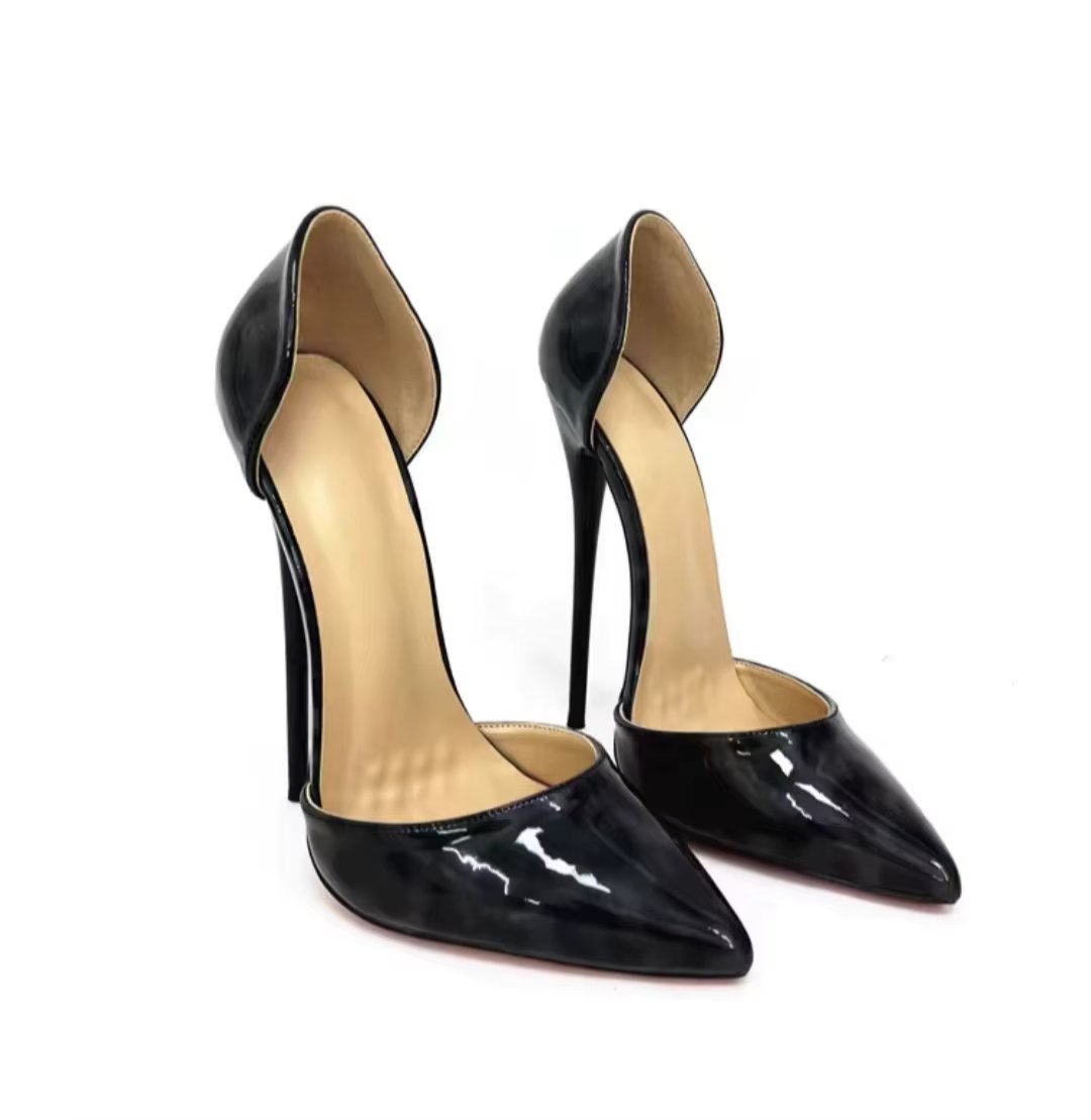 CACA 16/14cm Leopard Patent Leather Women Pumps,Fetish High Heels,Mid Shallow Out Bed Shoes,Pointed Toe,Blue,Black,Custom Colors