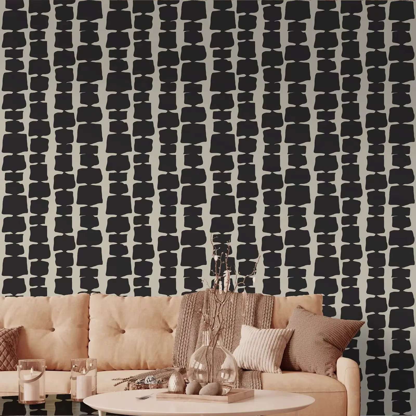 Abstract Dark Gray Shape Wallpaper, Retro Vibe Removable Wall Decal, Cream Background Peel and Stick Wallpaper Roll Wall Art