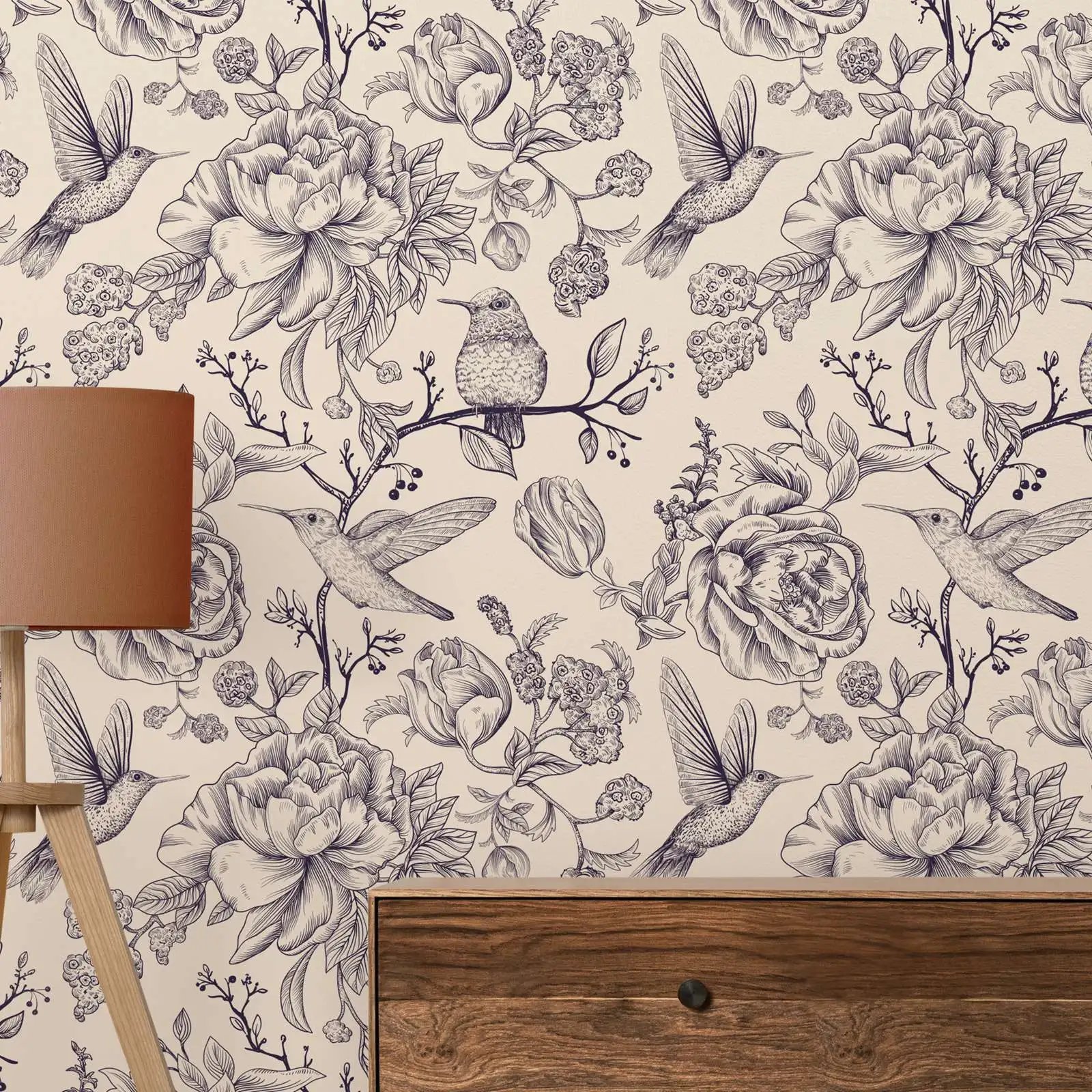 Hummingbirds and Flower Wallpaper Peel and Stick, Retro style Wall Mural, Nature Inspired Removable Wall Stick Paper,Non-woven