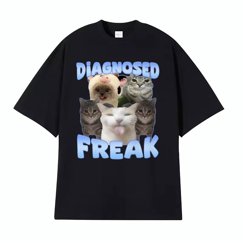 Diagnosed Freak Funny Watermelon Cat Meme T-shirt Men Women's Summer Streetwear Tee Shirt Fashion Oversized Cotton Humor T Shirt