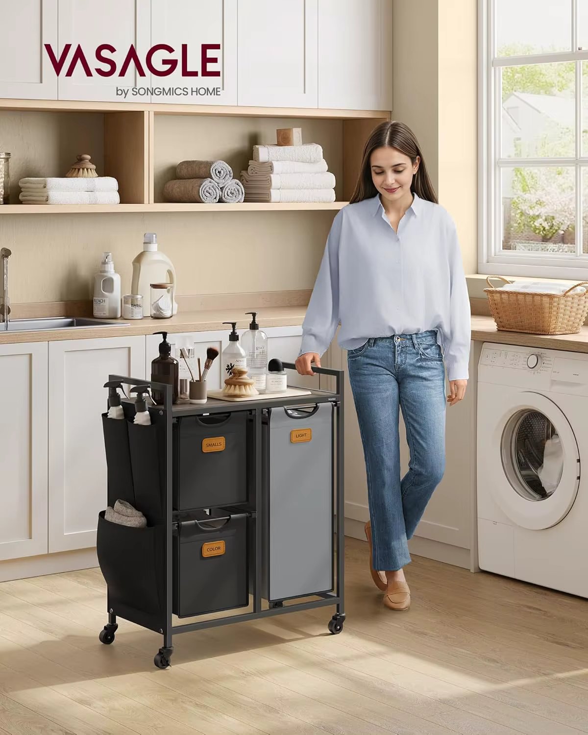 VASAGLE Laundry Hamper with 3 Compartments, 100 L Laundry Sorter, Rolling Laundry Cart with Shelves, Removable Liners