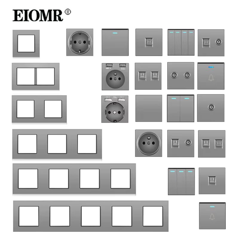 EIOMR A6 Series Grey Flame Retardant PC Panel Wall Switch EU Socket HDMI-compatible USB Type-C 2.1A Charger TV RJ45 Module DIY