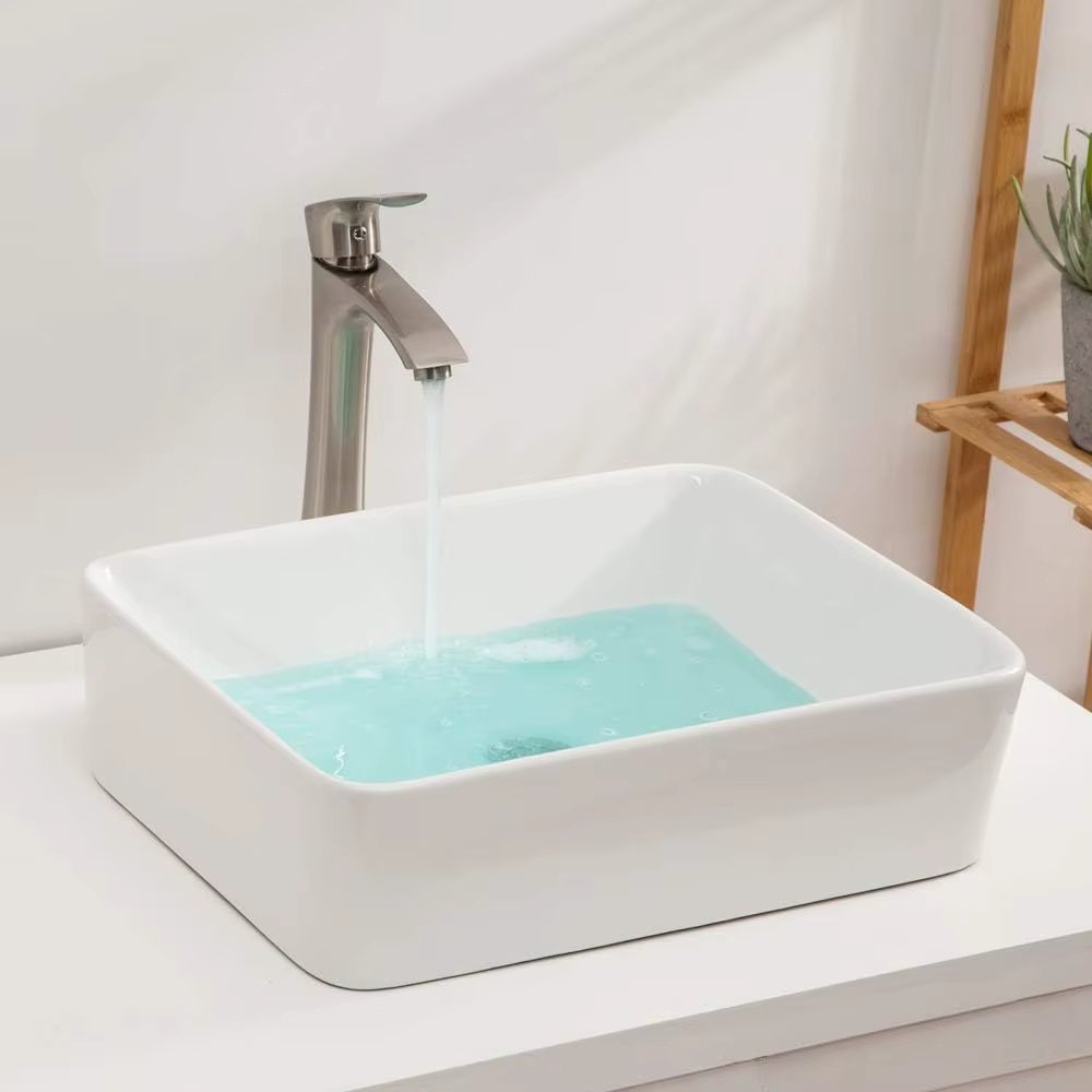 1pc 19" x 15" Countertop Rectangle Vessel Sink, Above Counter Ceramic Hand Wash Basin Vanity Sink, Bathroom Sanitary Ware Art Ba