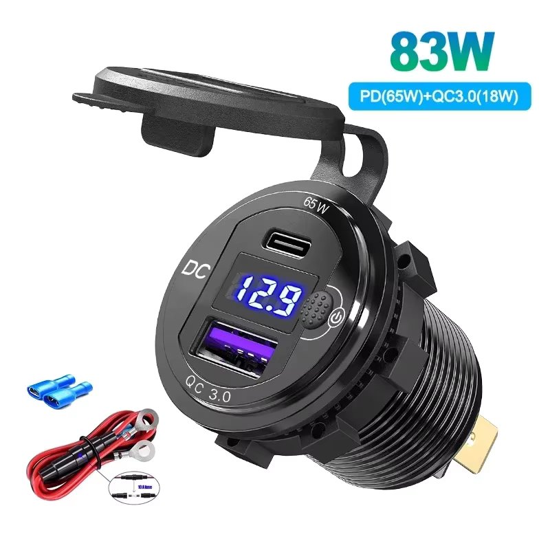 Upgraded 83W Car USB C Charger Socket Adapter 65W PD & QC 3.0 Power Outlet with Voltmeter for 12V/24V Car Marine Motorcycle RV