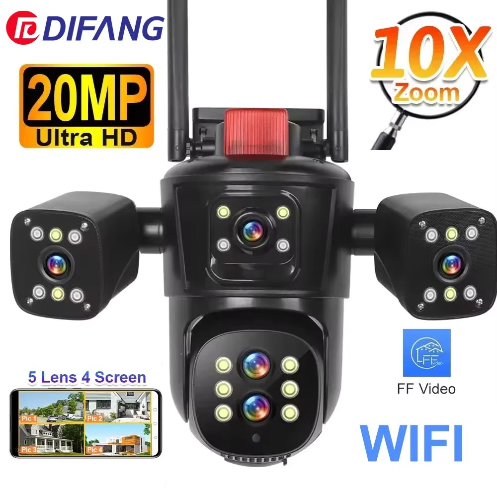20MP WiFi Network Camera 10K Wireless Outdoor 10X Zoom Four Screen Five Lens PTZ Automatic Tracking Waterproof Security Cam CCTV