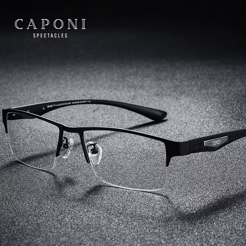 CAPONI Half Frame Glasses Men Pure Titanium Brand Design TR-90 Temple Optical Eyeglasses Anti Blue Light Computer Glasses JF9019