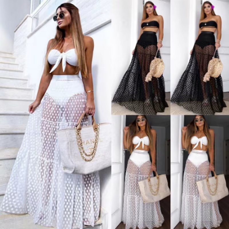 Y2K Korean Style Fashion Floor-Length Long Skirt Summer A-Line Mesh See Through polka Dot Skirt Women High Waist Lace Maxi Skirt
