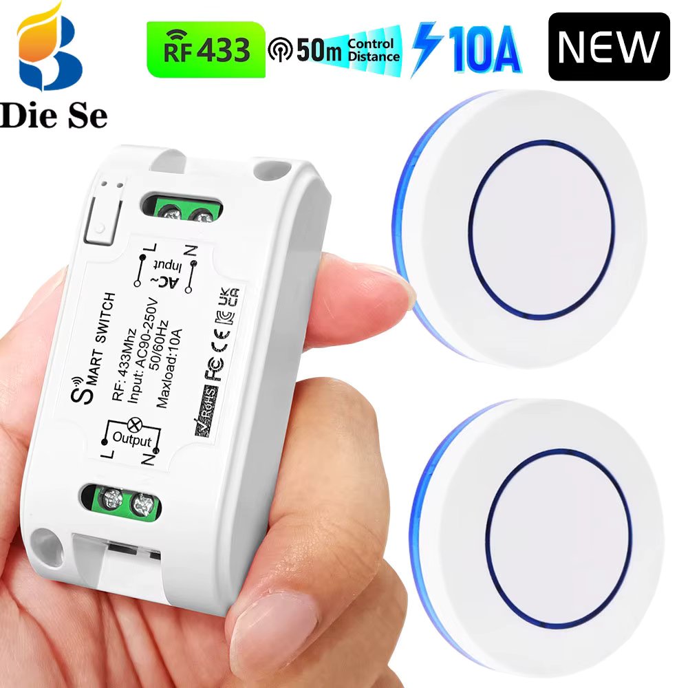 10A 433MHz RF Wireless Remote Control Switch AC 110V 220V Wet Contact Relay Receiver Push Button Round Transmitter for LED Light