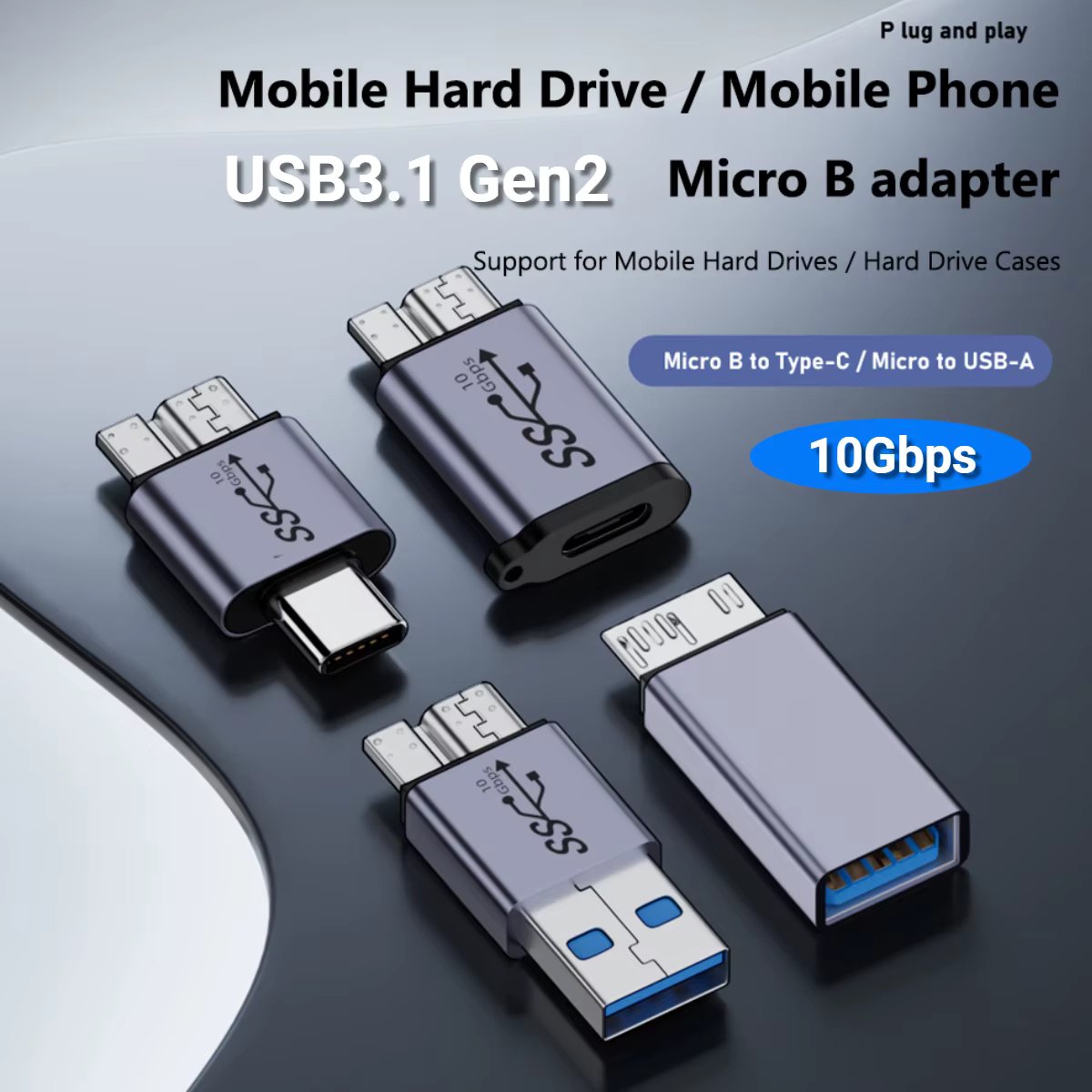 USB TYPE-C To Micro B HDD Adapter USB3.1 Gen2 10Gbps 7.5W Micro B to USB C 3.1 Adapter for Hard Drive Cable External SSD HDD
