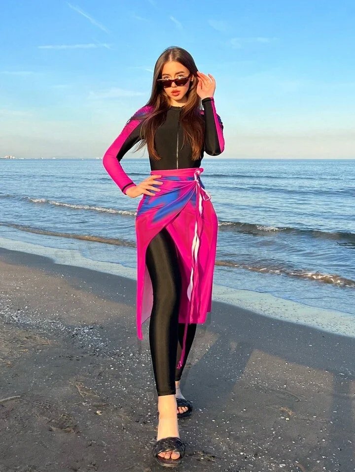 4PCS/Set Modest Burkini Femmes Swimming Suit Muslim Swimwear Women Long Sleeve Sport Swimsuit Islamic Wear Contain Hijab