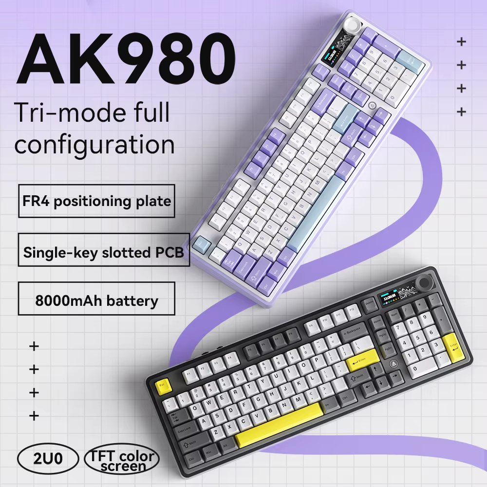 Ajazz AK980 Gaming Mechanical Keyboard with Color Screen 98 Keys RGB Bluetooth Wireless Keyboard Gamer 8000mAh For PC Laptop