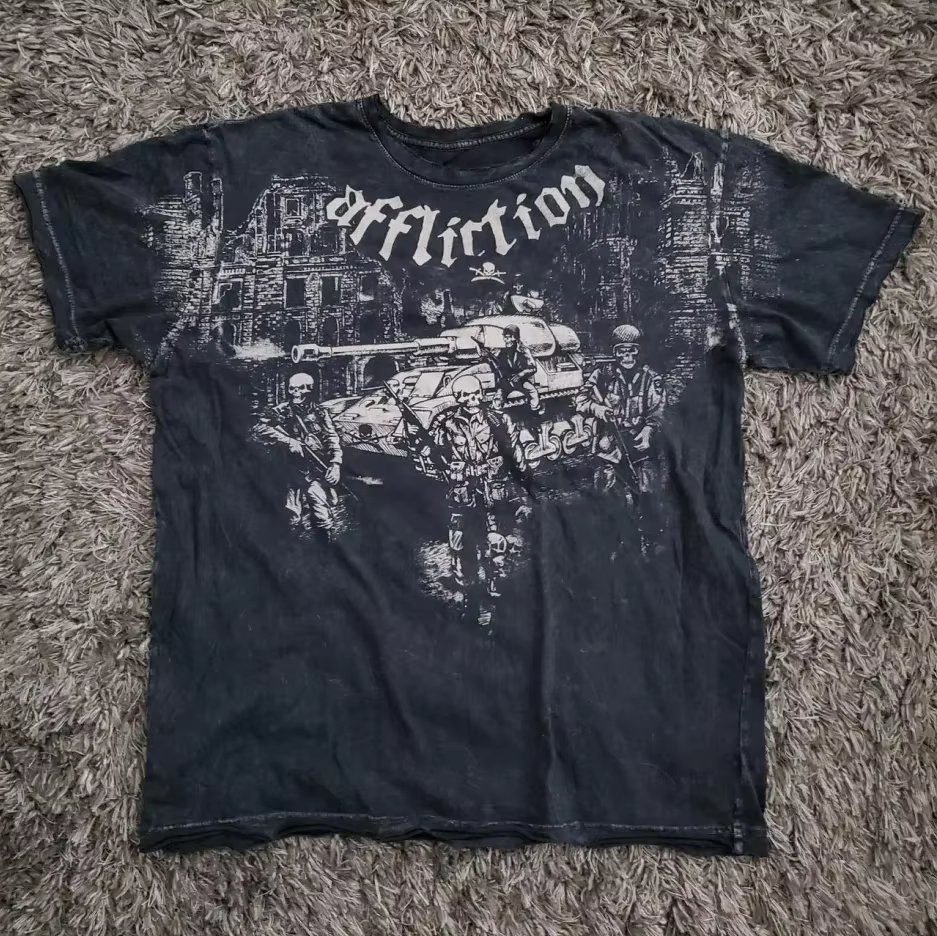 2000s All Season Retro Skull Soldier Print Plus Size T shirt Gothic Round Neck Short Sleeve Clothing Top Women Clothing Harajuku