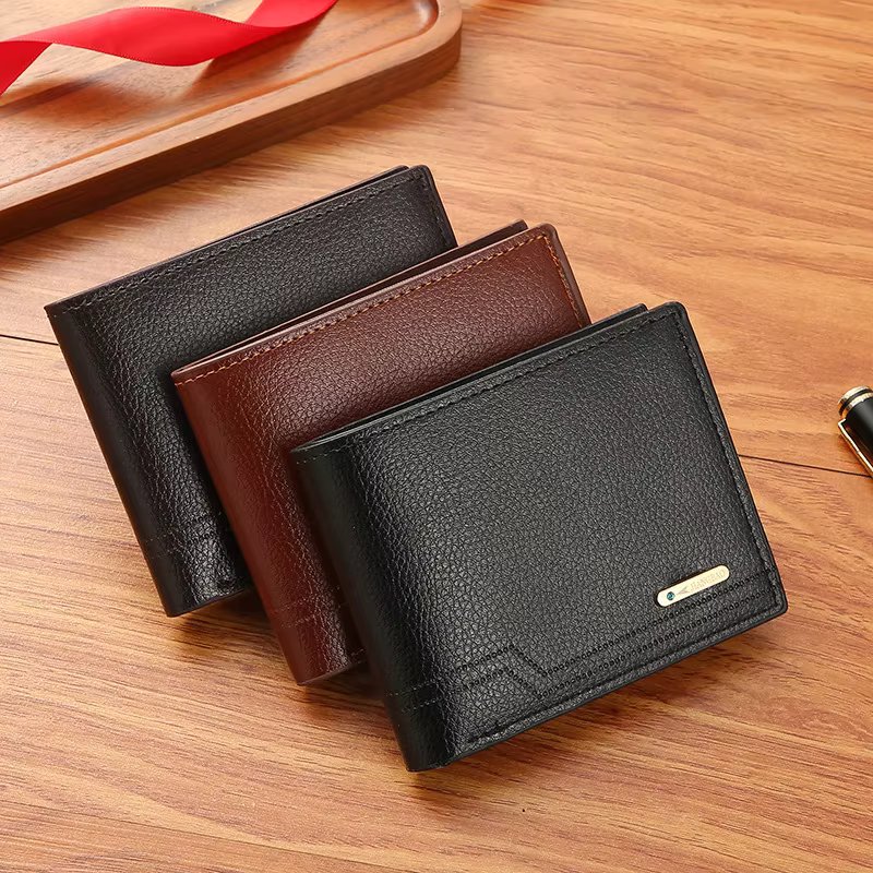 Men'S Short Pu Leather Wallet Business Casual Lychee Pattern Soft Leather Wallet Multi Card Large Capacity Wallet Card Holders