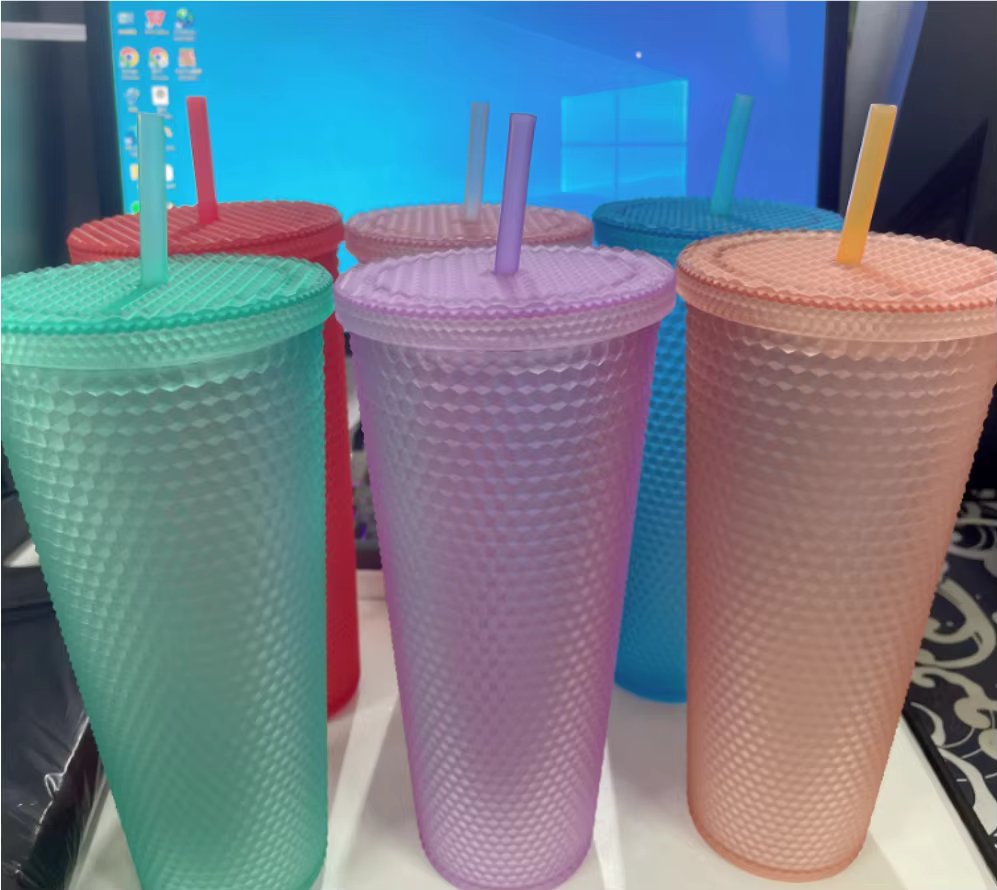 Copo De Palha De Cristal De 750ml/24oz  Brilhante Diamante Canudo De Dupla Camada Caneca De Café Plástico