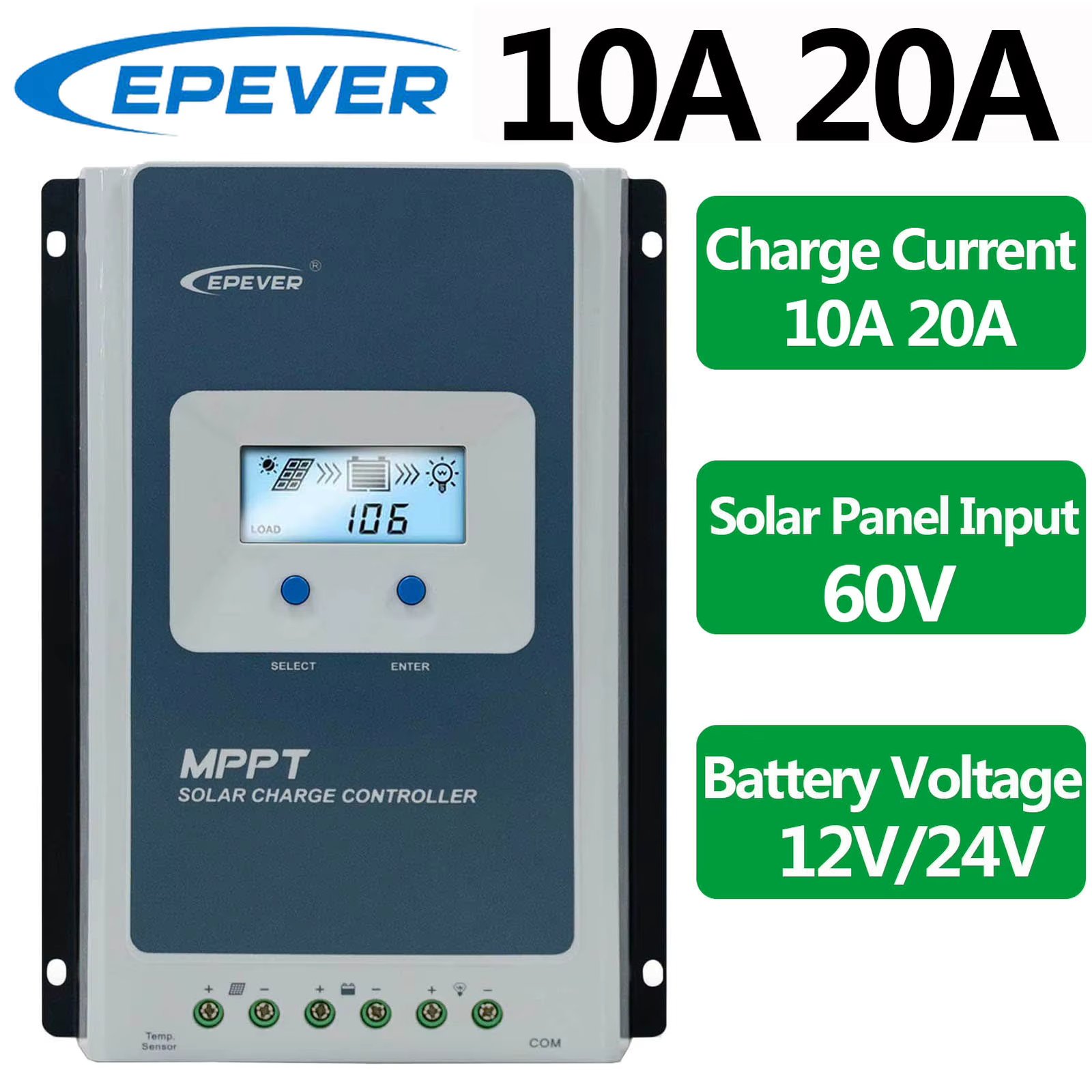 EPEVER 10A 20A MPPT Solar Charge Controller Max PV Input 60V Auto Identify 12V 24V Battery Voltage