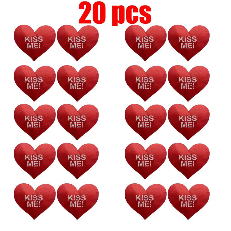 20pcs Red Women Heart Kiss Me Shape Self-Adhesive Disposable Satin Nipple Cover Breast Pasties Stickers for Strapless Clothes
