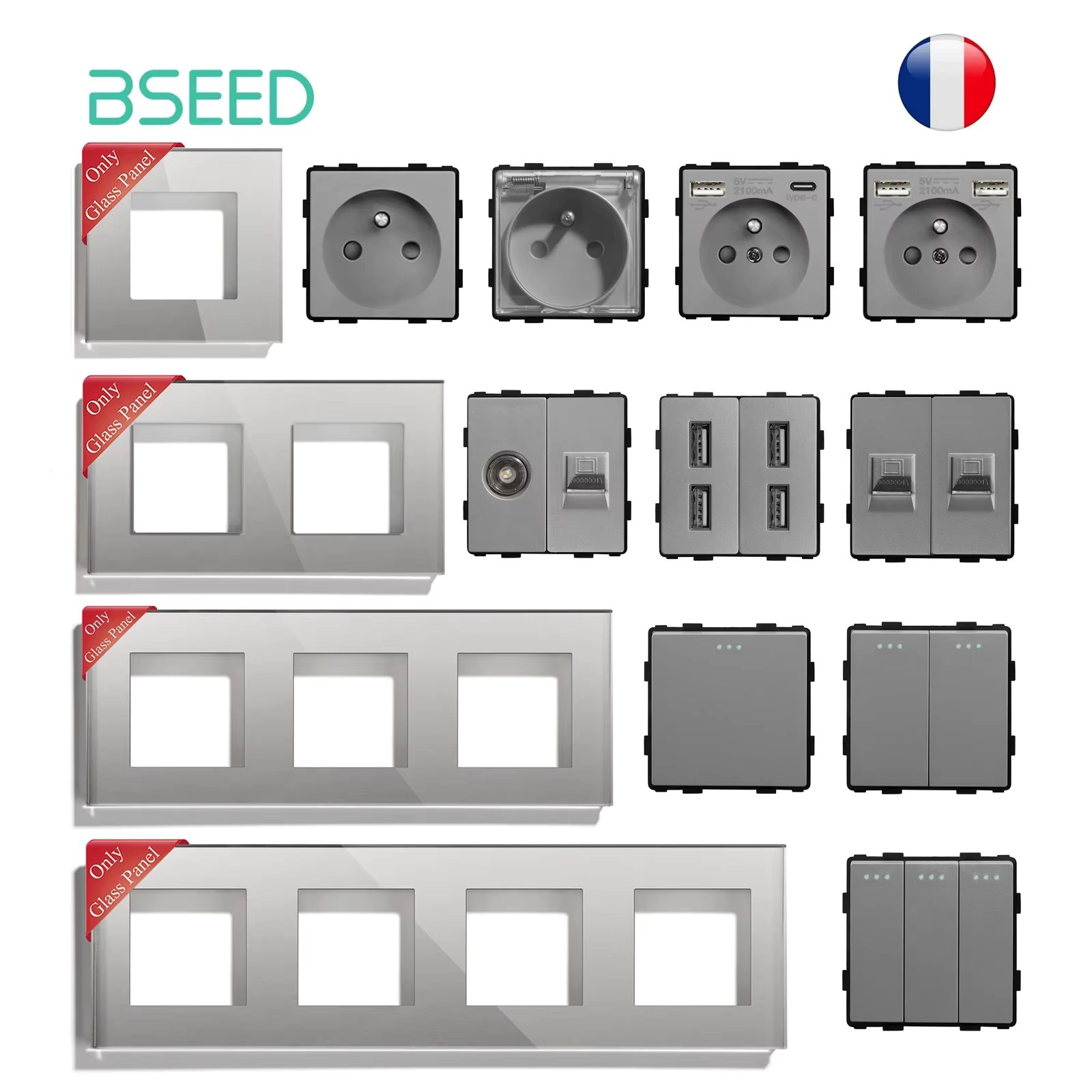 BSEED French Standard Socket With Type-c Dual USB Plug Wall Light Switches Glass Frames TV/ST/CAT6 Socket Function Parts Only