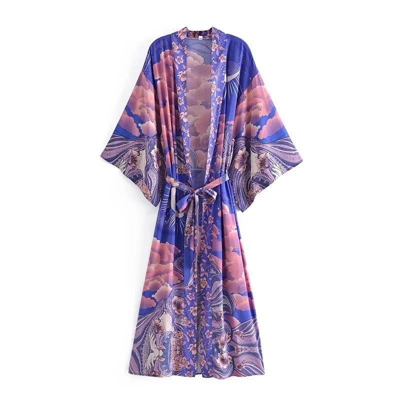 Boho Queens Women Star and Moon Floral Print Bat Sleeve Beach Bohemian Kimono Dresses Robe Ladies Summer Bikini Cover-ups