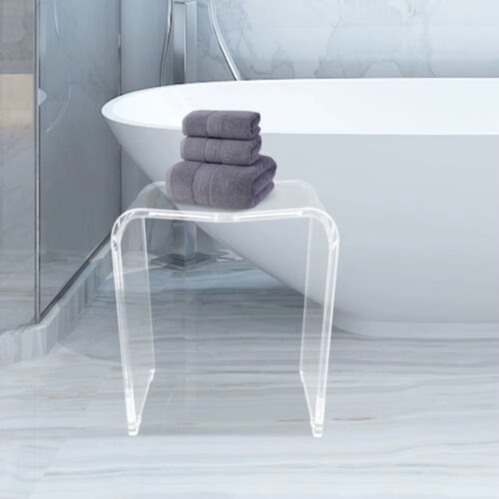 Bymaocar 300lbs Acrylic Clear Shower Stool Bathtub Seat Anti-slip U-shaped Structure W/ Round Hole for 136kg Weight Capacity New