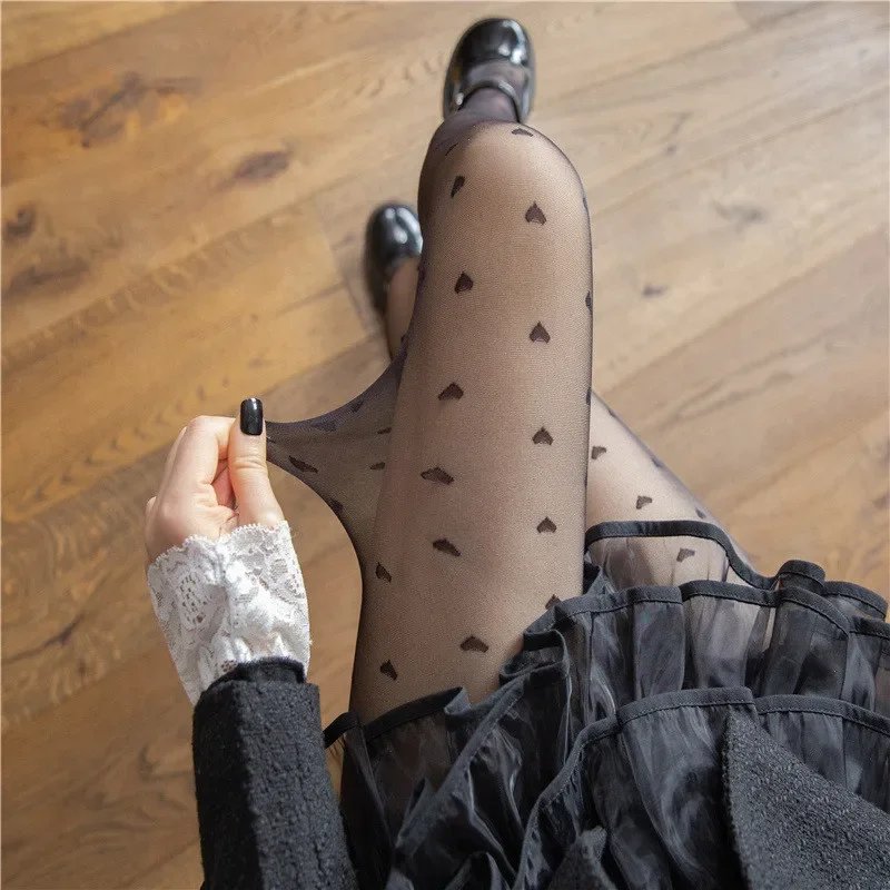 Exquisite Red Heart Print Silk Stockings Sweet Girls Christmas Gifts Nylon Tights Women Sexy Nightclub Female Alluring Hosiery