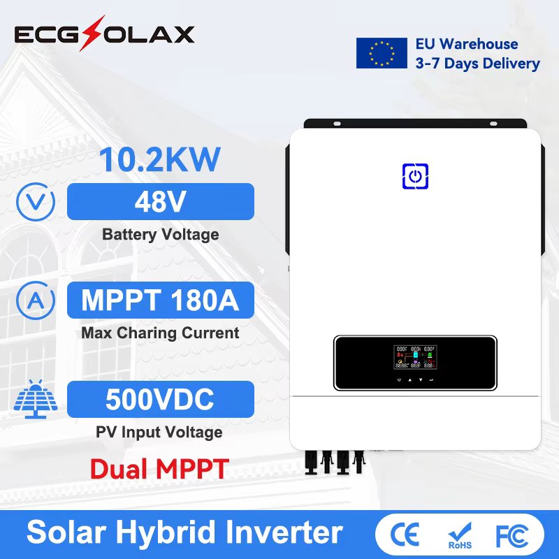 ECGSOLAX 10.2KW Hybrid Solar Inverter 48V 230VAC With Dual MPPT 180A Charging Controller Solar Hybrid Inverter PV Max 500VDC