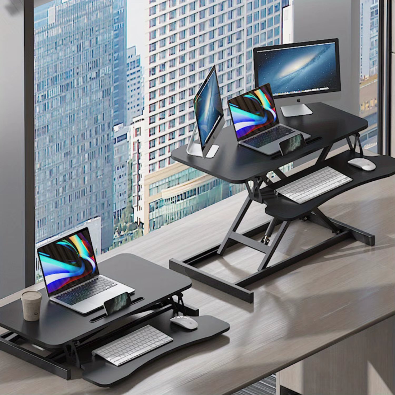Rocelco 32" Dual Monitor Riser - Height Adjustable Standing Desk Converter with Pneumatic Lift and Keyboard Tray