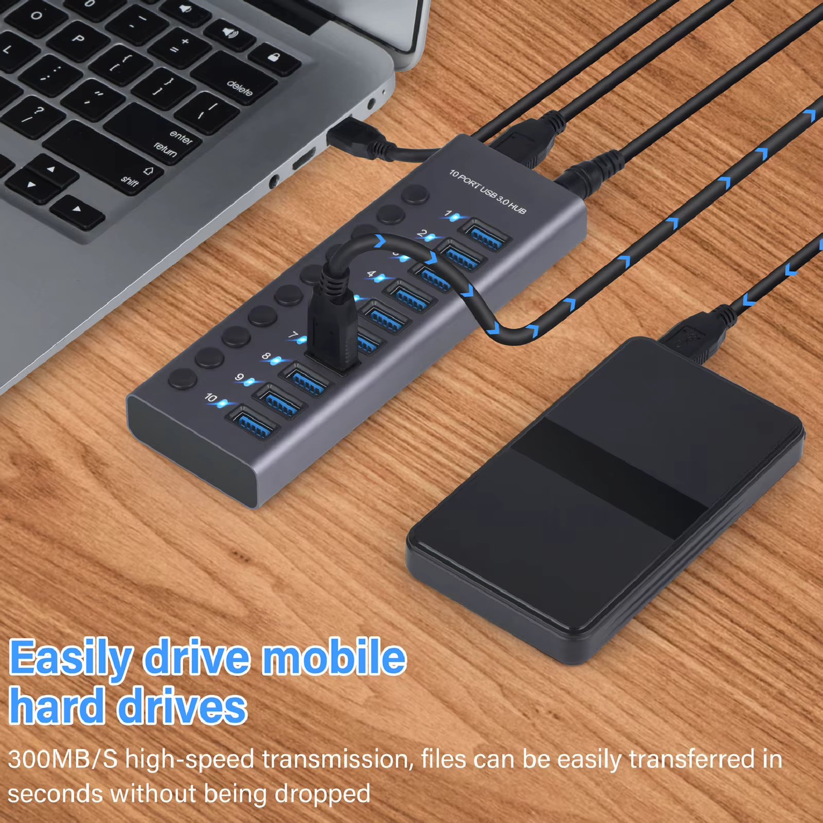 10-Port 60W USB 3.0 Hub with Individual Power Switch and LED Includes 60W 12V/5A Power Adapter EU