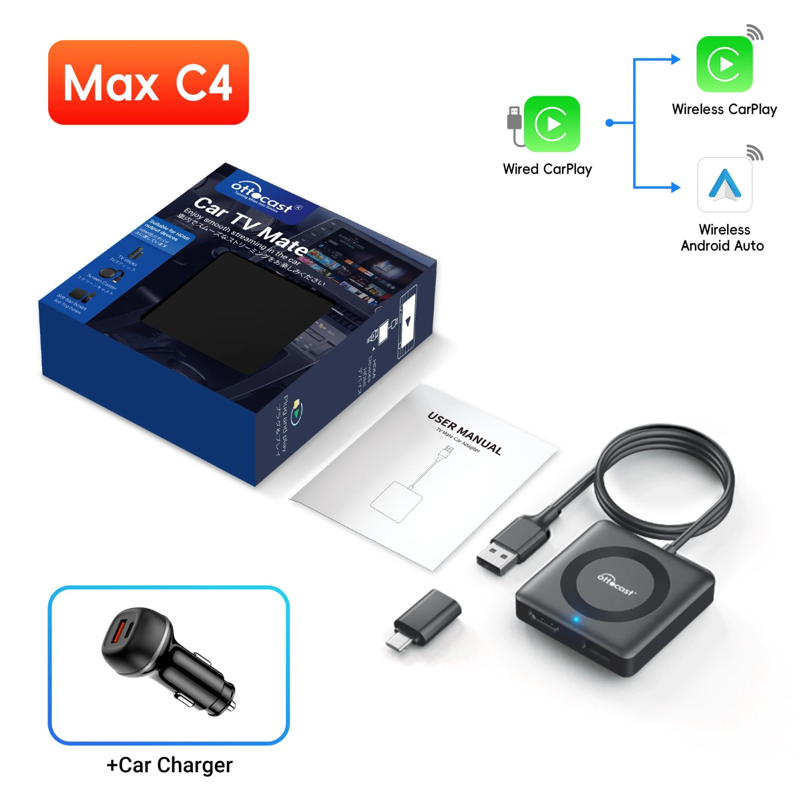 OTTOCAST Car TV Mate Max C4 Wireless CarPlay Android Auto Adapter Multimedia Adapter Video Converter for HDMI for TV Sticks New