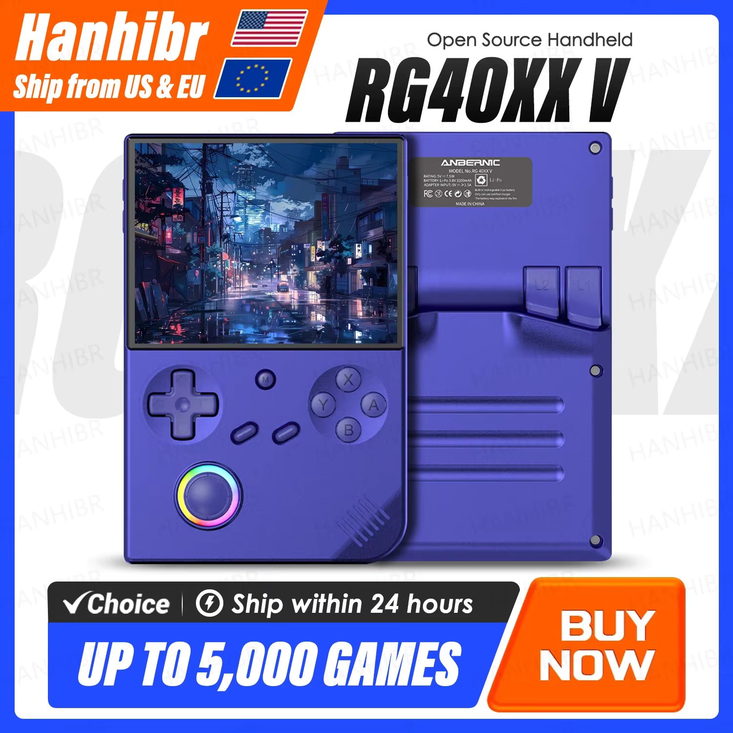ANBERNIC RG40XXV Handheld Game Console 4'' IPS Screen Video Output Joystick RGB lighting Effect Streaming RG 40XXV E-book Player