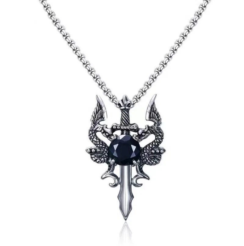1 Gothic Dragon Water Diamond Long Necklace Men's Dominant Retro Dragon Necklace