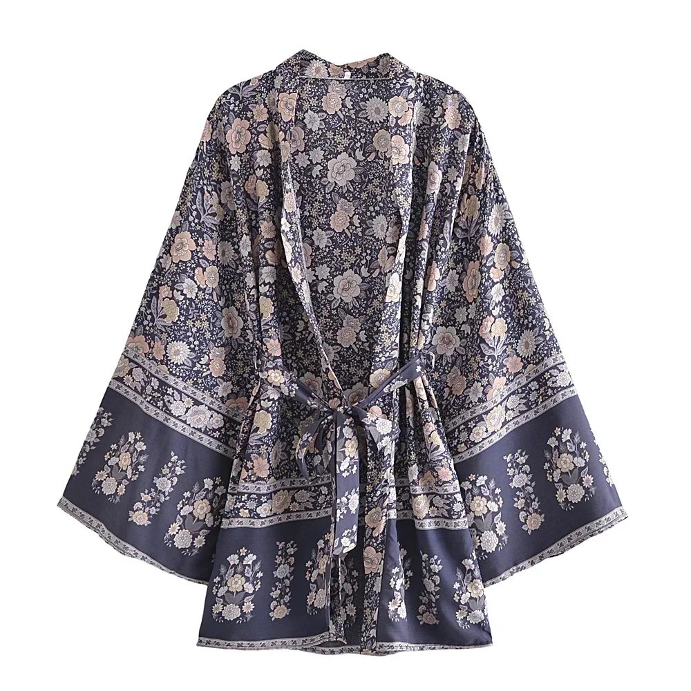 Happie Queens Women Floral Print Sashes Bat Sleeve Beach Bohemian Kimono Dresses Ladies V Neck  Summer Bikini Boho Cover-ups