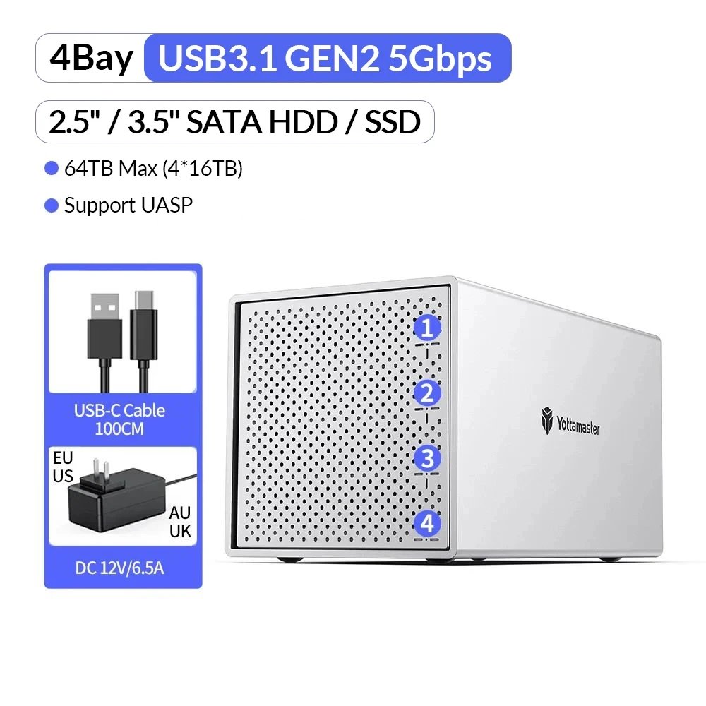 Yottamaster 5 Bay External Hard Drive Enclosure USB3.0 HDD BOX for 3.5/2.5 Inch SATA HDD Support 5 x 16TB Storage RAID Case(DAS)