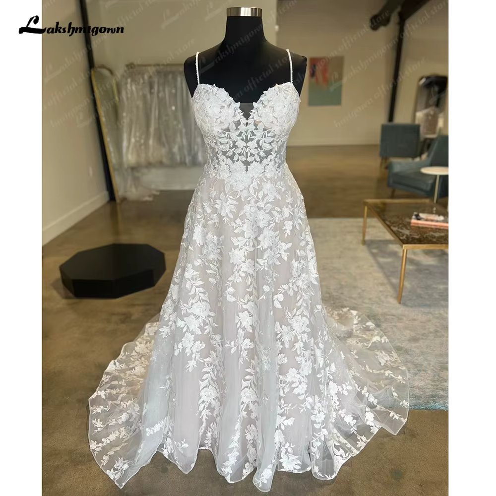 Lakshmigown Full Lace Appliques Wedding Dress for Women Customized Champagne Spaghetti Straps Bridal Gown vestidos para mujer