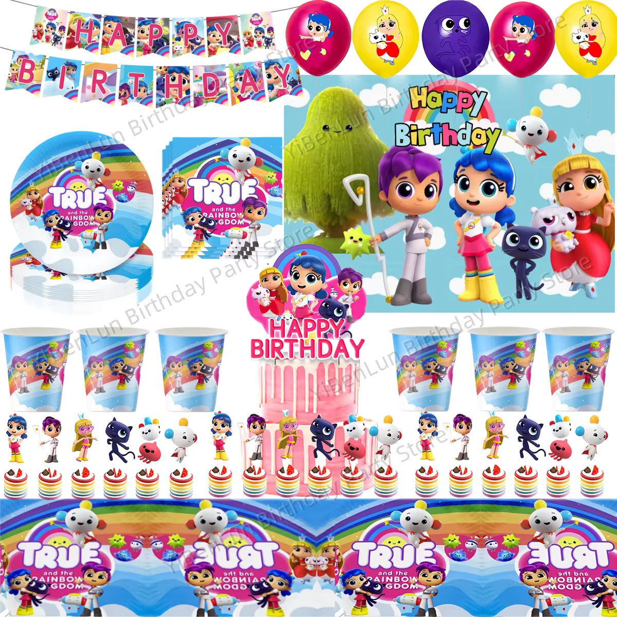 True Rainbow Kingdom Birthday Party Decor True Disposable Tableware Rainbow Tablecloth Plate Cup Baby Shower Kids Party Supplies