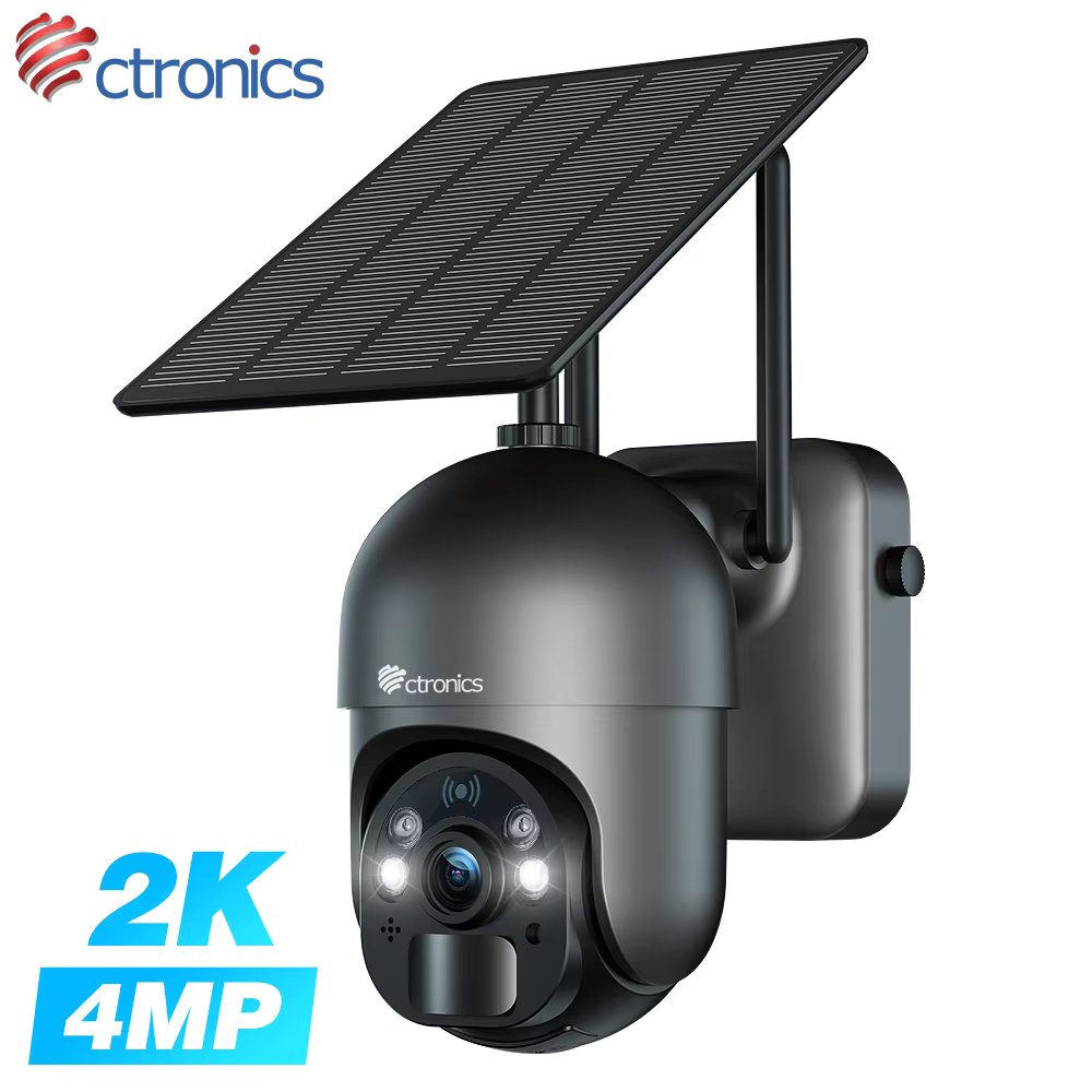 Ctronics Wireless Solar 10000mAh WiFi Surveillance Camera Outdoor 360 PTZ Human Detection Auto Tracking Night Vision 4MP 3MP