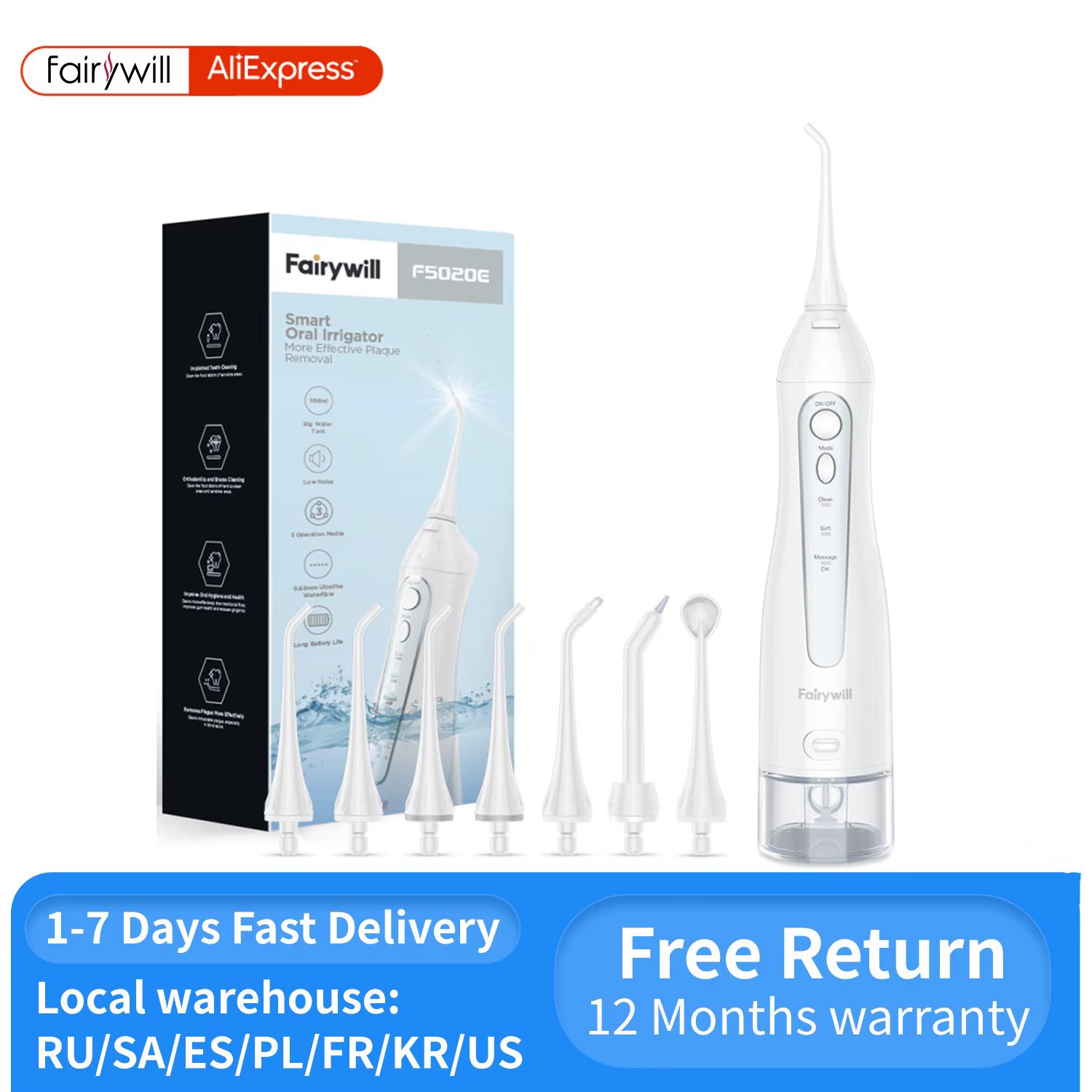 Fairywill Water Flossers Oral Irrigator Rechargeable Portable Dental 3 Modes Water Tank for Teeth 300ML Waterproof Teeth Cleaner