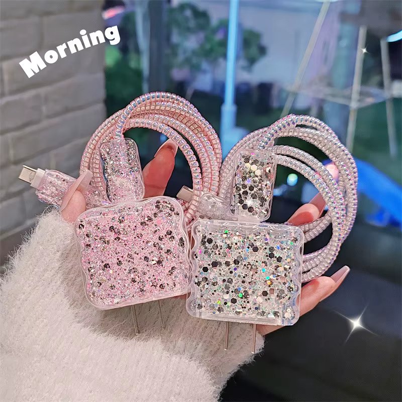 Glitter Pink Iphone Charger And USB Cable Protector Case Cover,Soft TPU 18W/20W Fast Charger Case Cable Winder For iphone 15
