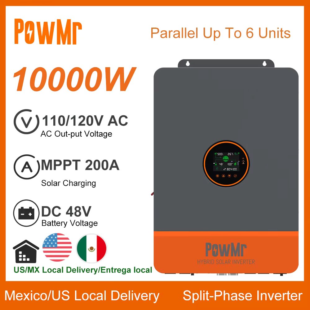 PowMr 10KW 48V DC to 120V/240V AC Split-Phase Pure Sine Wave Hybrid Inverter Built-in 200A MPPT Solar Charge Parallel Max 6 Unit
