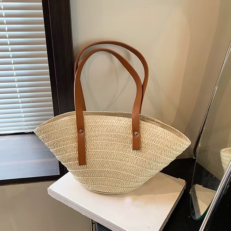 Women Braided Basket Top-handle Bag Large Capacity Straw Portable Shoulder Bag Summer Beach Purses Shopper Satchel Female