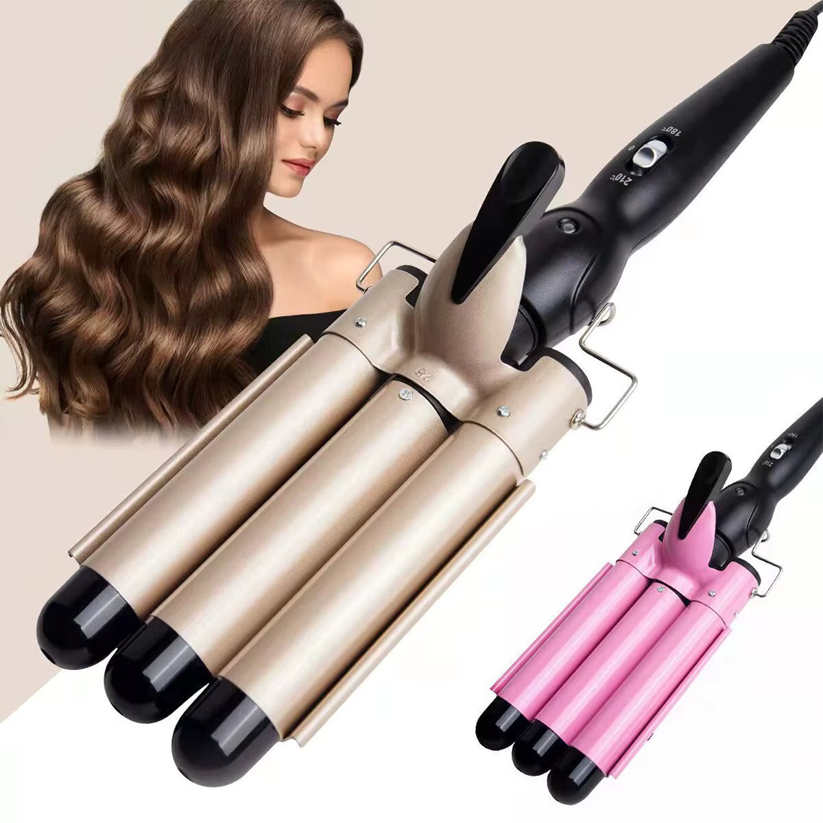 Professional Ceramic Three Tube Curler Portable Beach Wave Water Ripple Shaped Curler Portable Lazy Curler DIY Hairstyle Tool