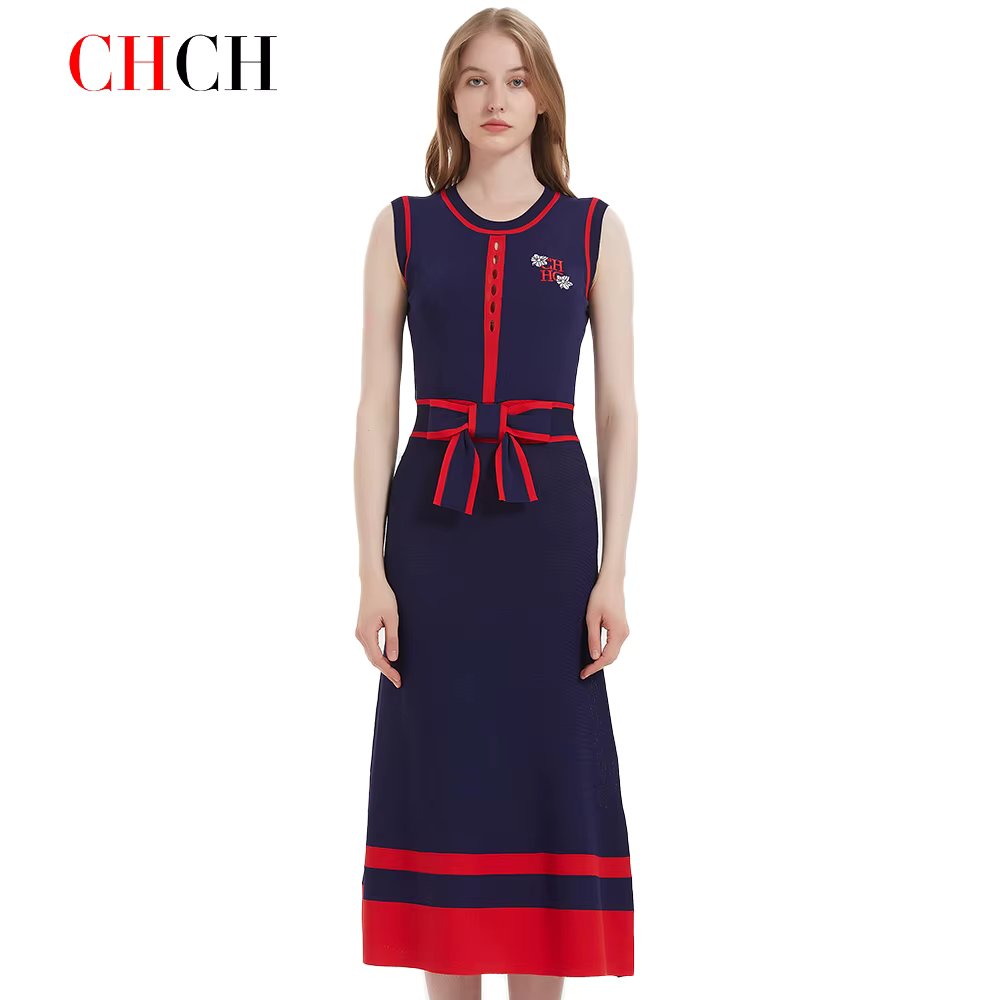 CHCH Women's Dress 2024 New Sleeveless Knitted Long Dress Simple navy blue Business Women's Wear
