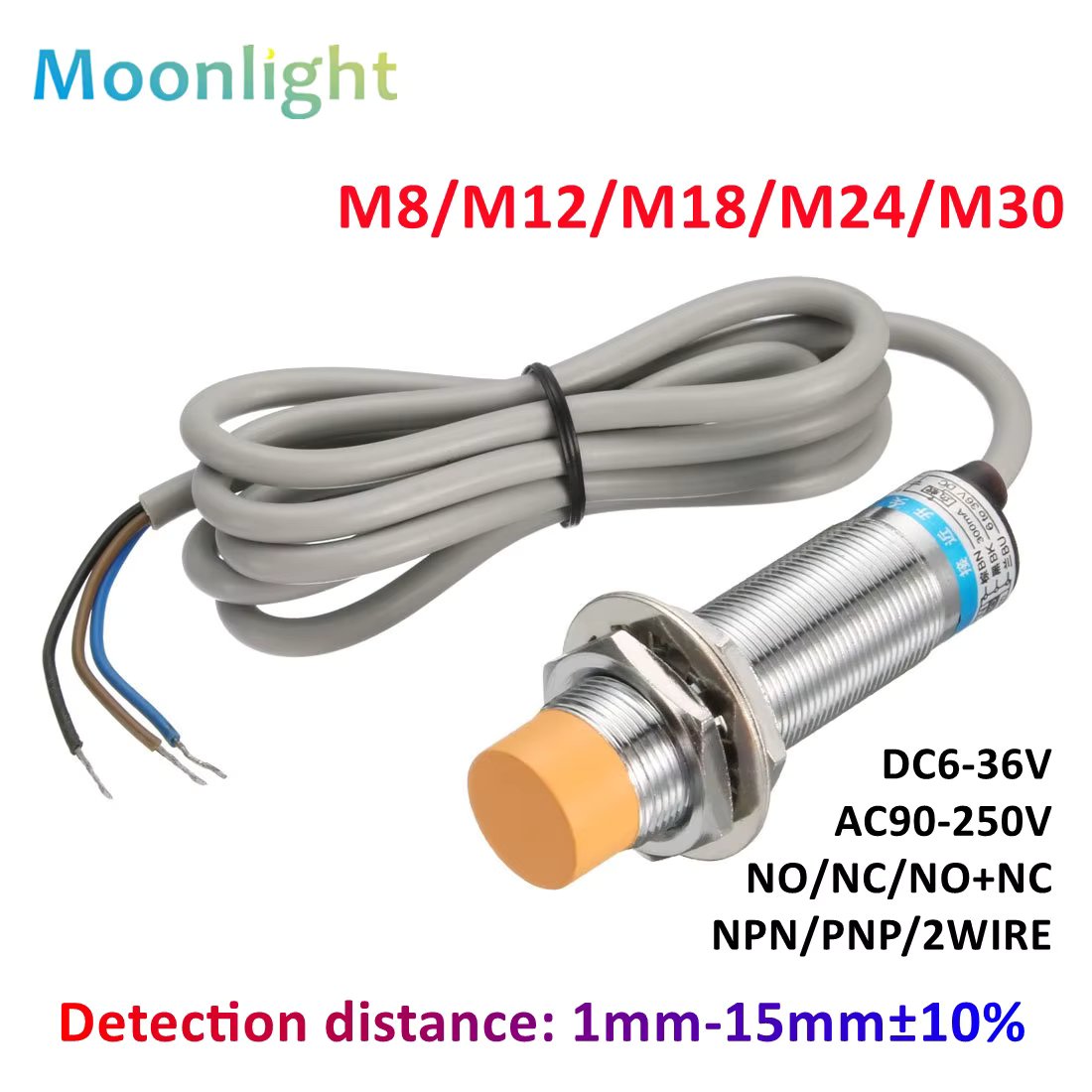 Yellow Approach Sensor inductive proximity sensor switch M8 M12 M18 30 4mm DC 12V AC 110V NO NC NPN PNP Detection Metal Switches