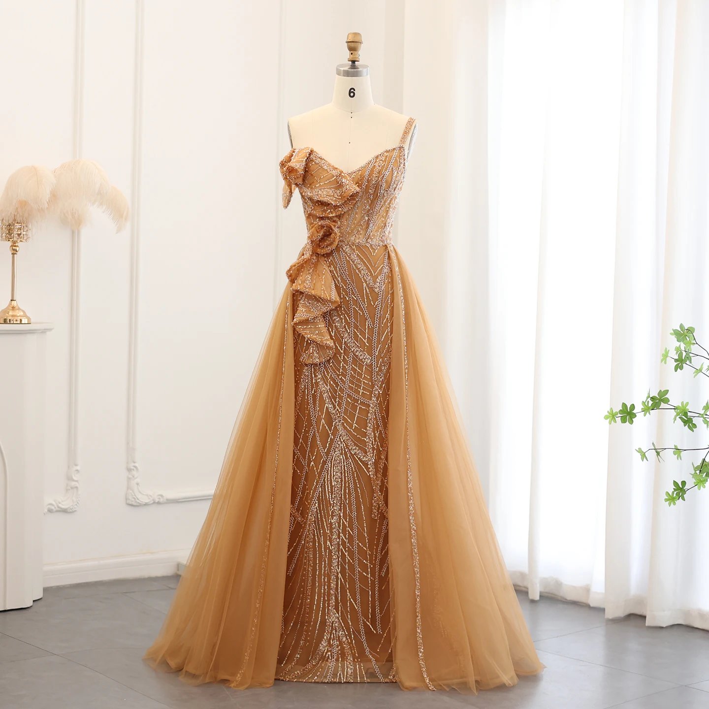 Sharon Said Elegant Spaghetti Straps Gold Yellow Mermaid Evening Dress with Overskirt Blue Wedding Party Gowns SS095 Customized