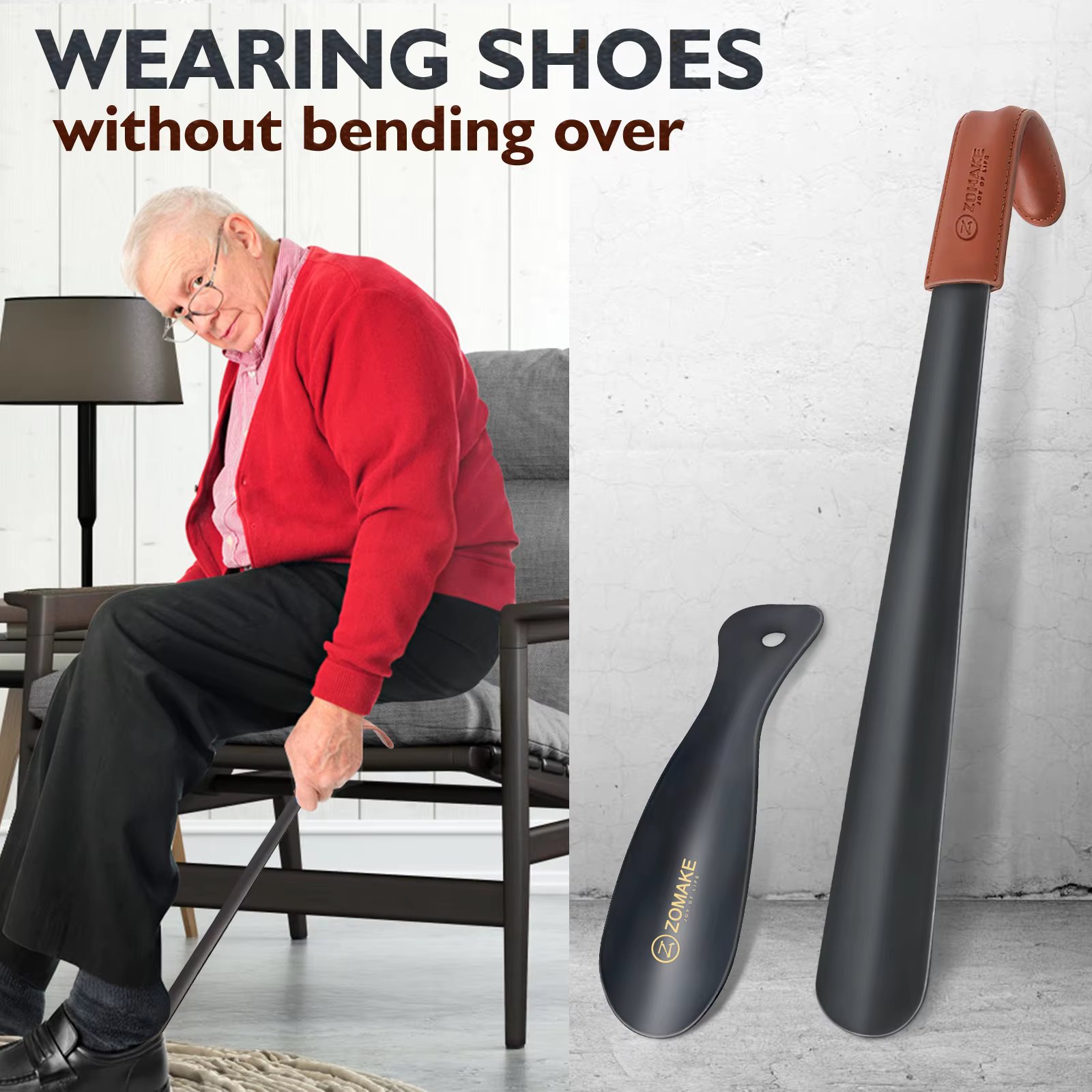 stainless steel Long Shoe Horn Leather Long Handle Metal Shoe Lifter with Travel Shoe Horn Helper Wear Accessories for Men Women