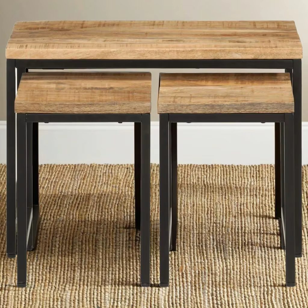 3-Piece Nesting Coffee Tables Set - Solid Rough Mango Wood & Durable Iron Frame