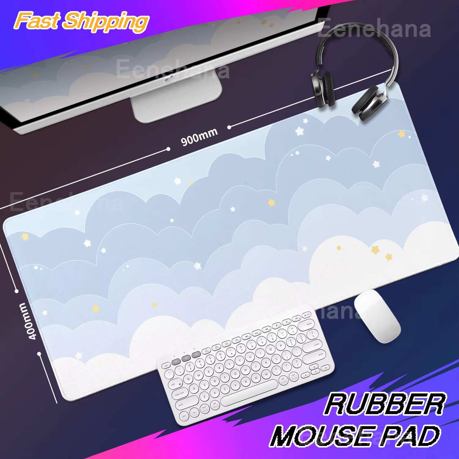 Light Blue Pink Clouds Desk Mat Kawaii Purple Mouse Pad Cute Rubber Pad Extended Pad Gaming Keyboard Mats Large XXL Girl Carpet