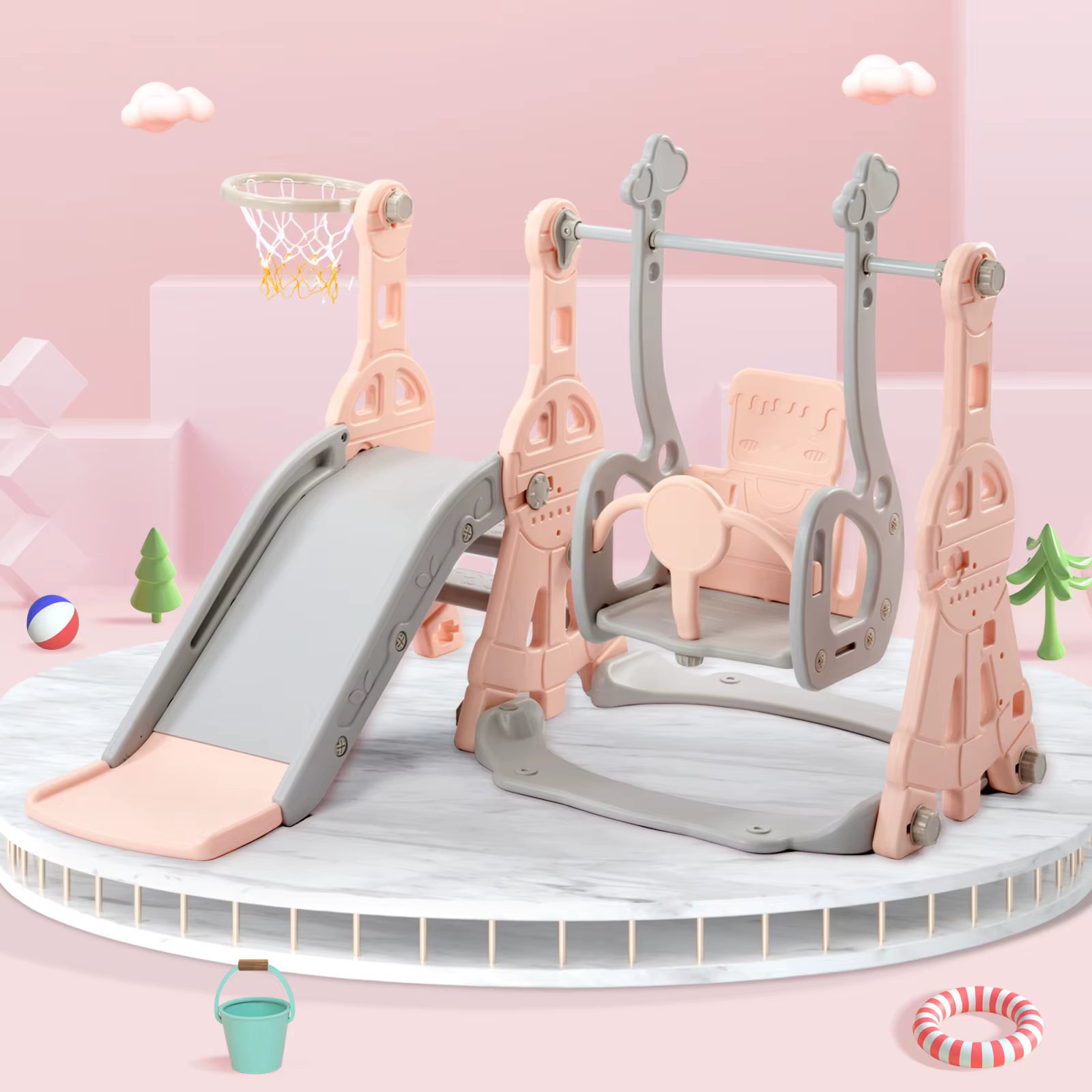 Slide for children, 4 in 1 children's slide swing with basketball stand, climbing ladder, swing slide for indoor and outdoor