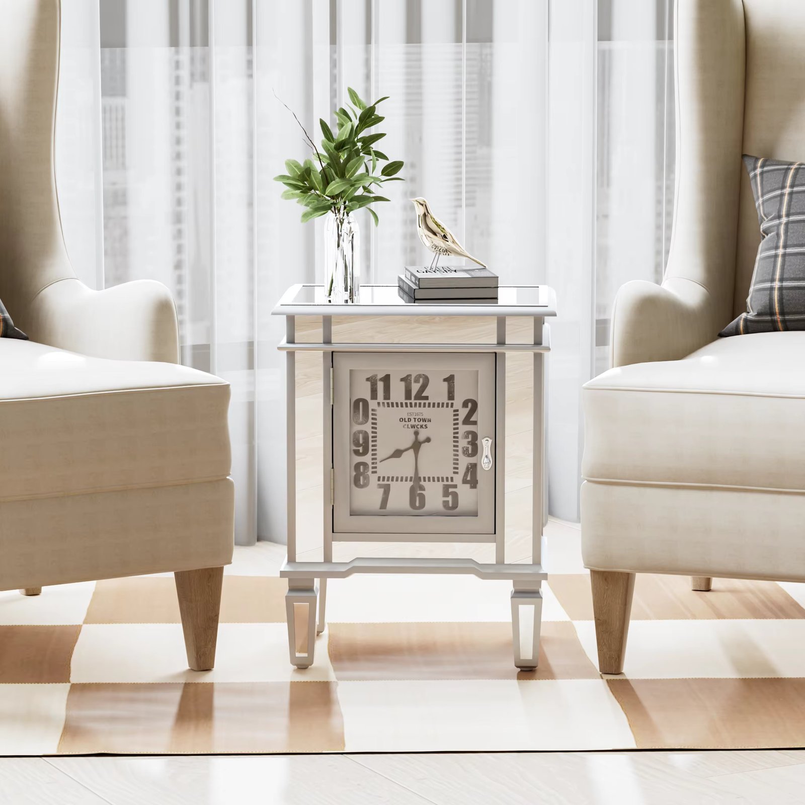 Mirrored Bedside Cabinet Mirrored Nightstand Accentuated by Arabic Clock & Storage Compartments, Ideal End Table Sofa Sides