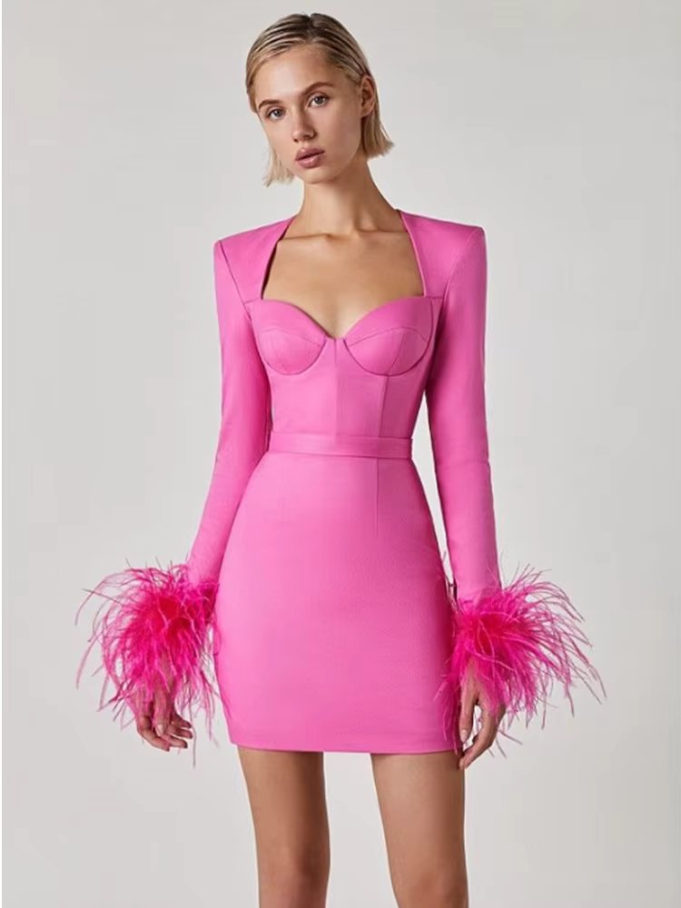 Women Winter Sexy Long Sleeve Feathers Hot Pink Black Mini Bodycon Bandage Dress 2022 Elegant Evening Party Dress